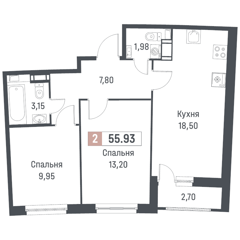 3-комнатная (Евро) квартира, 55.93 м² в ЖК "Авиатор" - планировка, фото №1