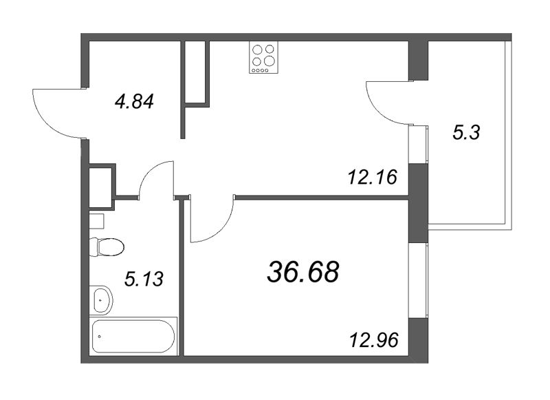 1-комнатная квартира, 36.88 м² в ЖК "IQ Гатчина" - планировка, фото №1