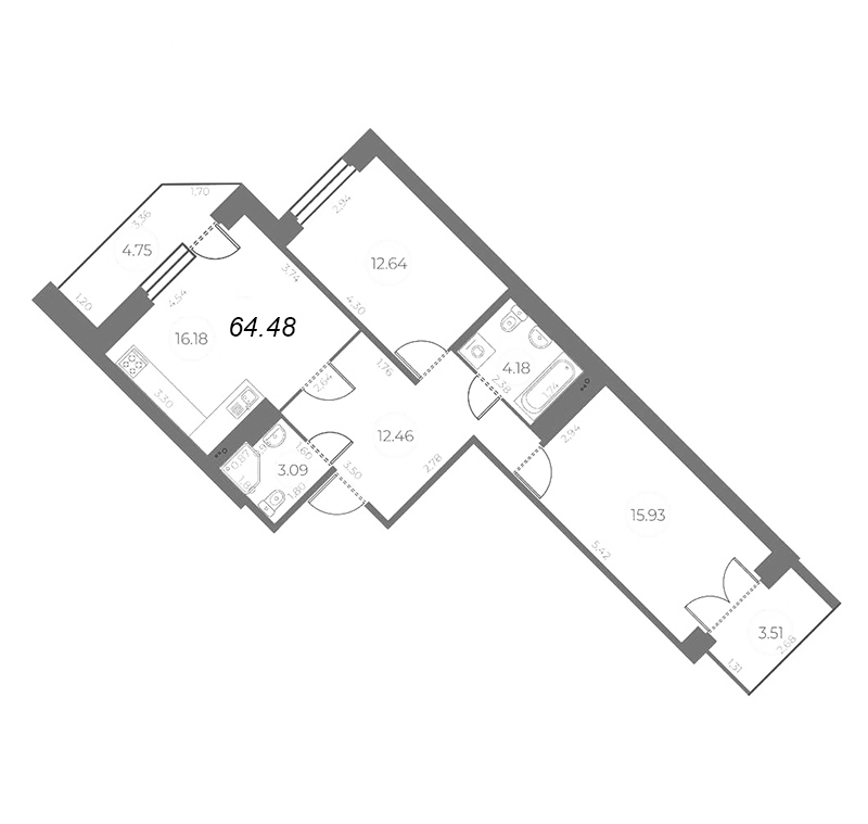 3-комнатная (Евро) квартира, 68.6 м² в ЖК "Огни Залива" - планировка, фото №1