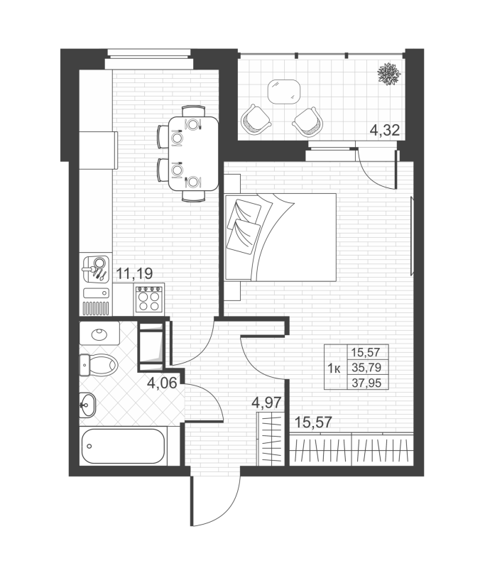1-комнатная квартира, 37.95 м² - планировка, фото №1