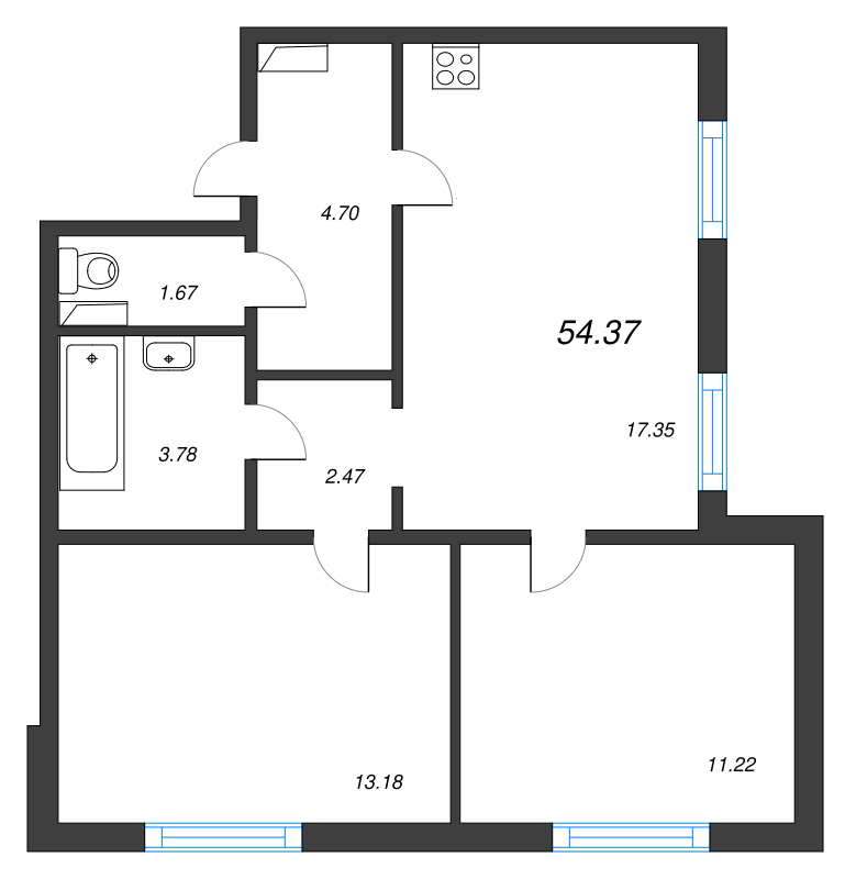 3-комнатная (Евро) квартира, 54.37 м² в ЖК "AEROCITY" - планировка, фото №1