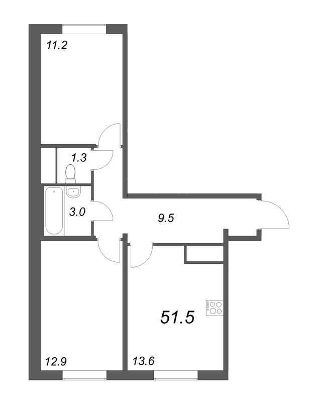 2-комнатная квартира, 51.5 м² - планировка, фото №1