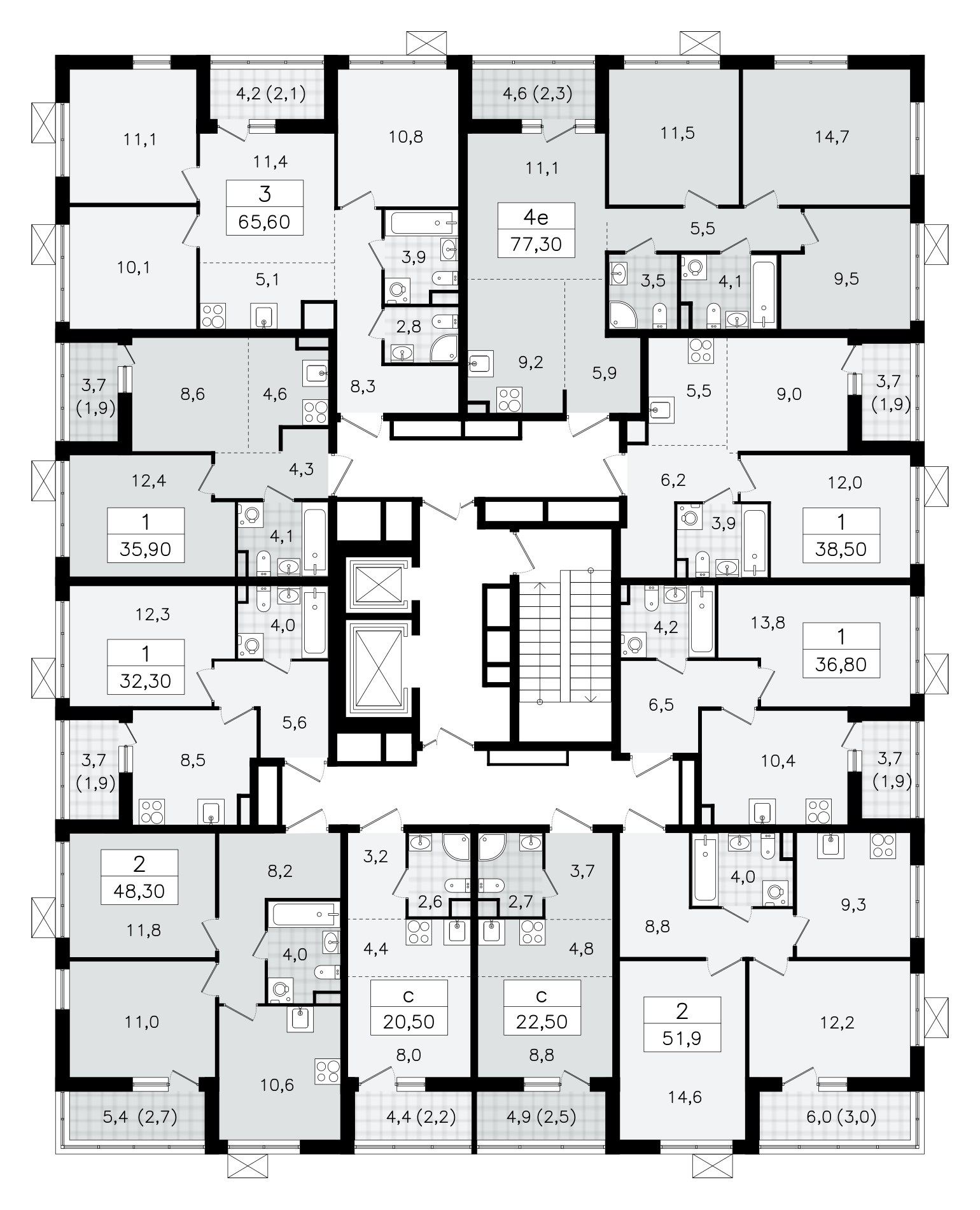 4-комнатная (Евро) квартира, 65.6 м² в ЖК "А101 Всеволожск" - планировка этажа