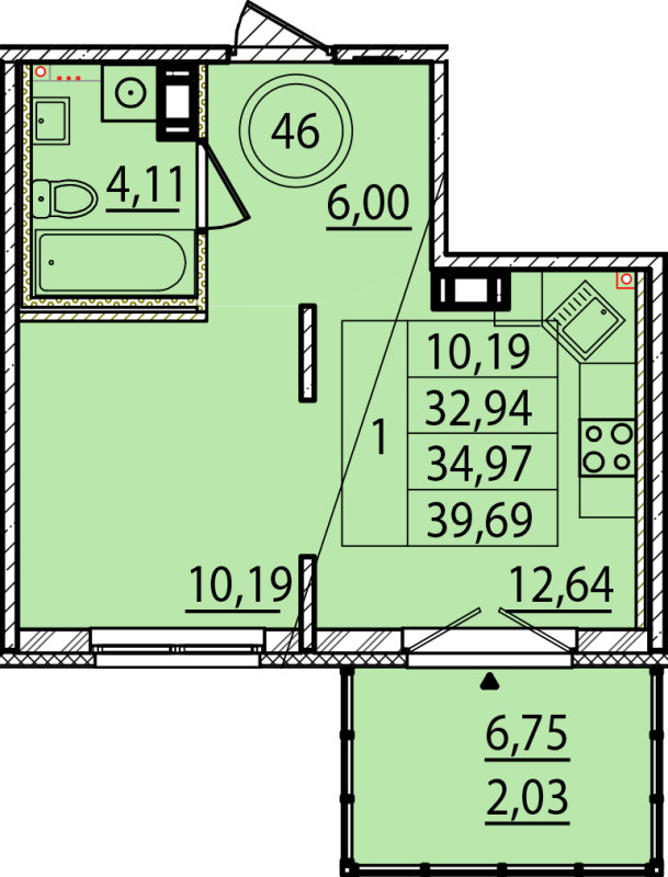 1-комнатная квартира, 32.94 м² в ЖК "Образцовый квартал 15" - планировка, фото №1
