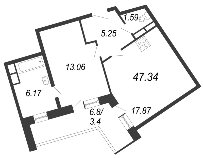 2-комнатная (Евро) квартира, 47.34 м² - планировка, фото №1