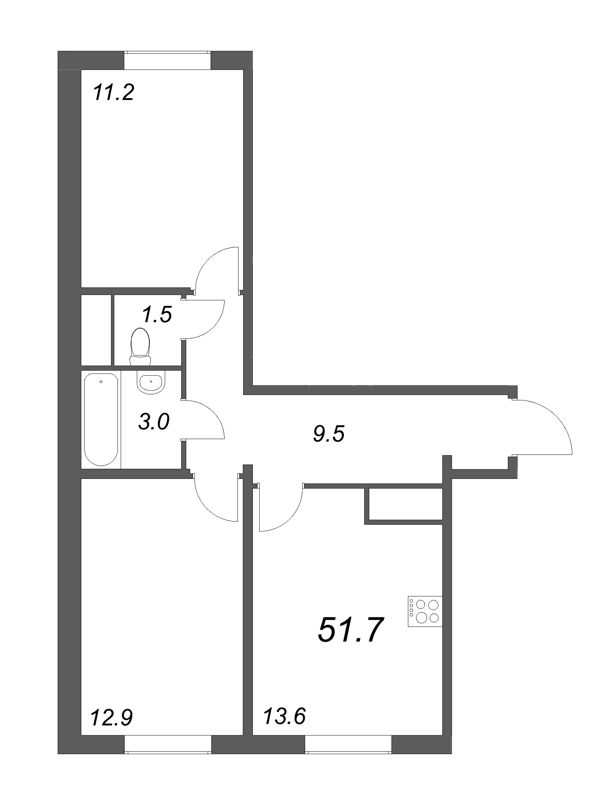 2-комнатная квартира, 51.7 м² - планировка, фото №1