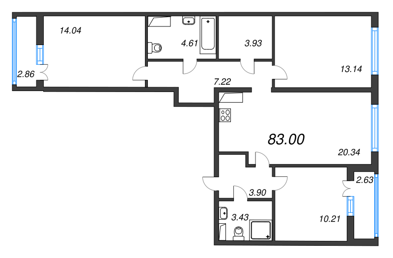 4-комнатная (Евро) квартира, 83 м² в ЖК "AEROCITY" - планировка, фото №1