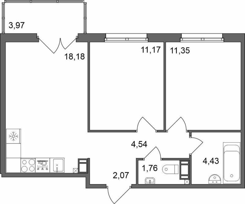 3-комнатная (Евро) квартира, 54.7 м² в ЖК "Счастье 2.0" - планировка, фото №1