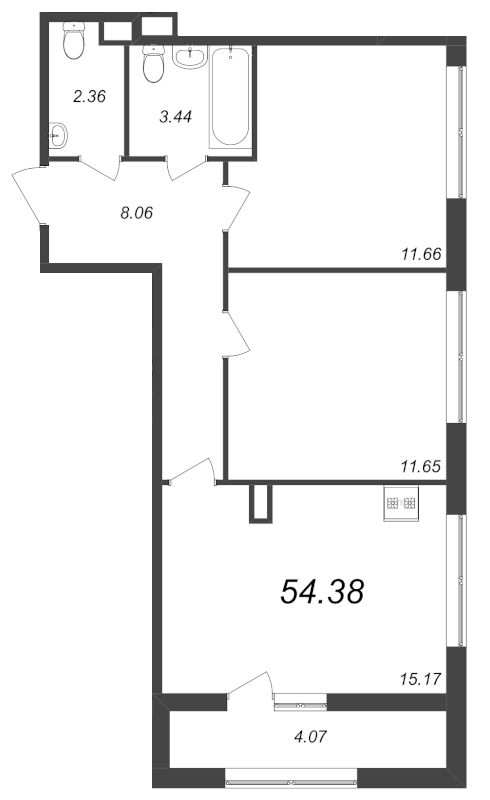 3-комнатная (Евро) квартира, 54.38 м² в ЖК "Академик" - планировка, фото №1