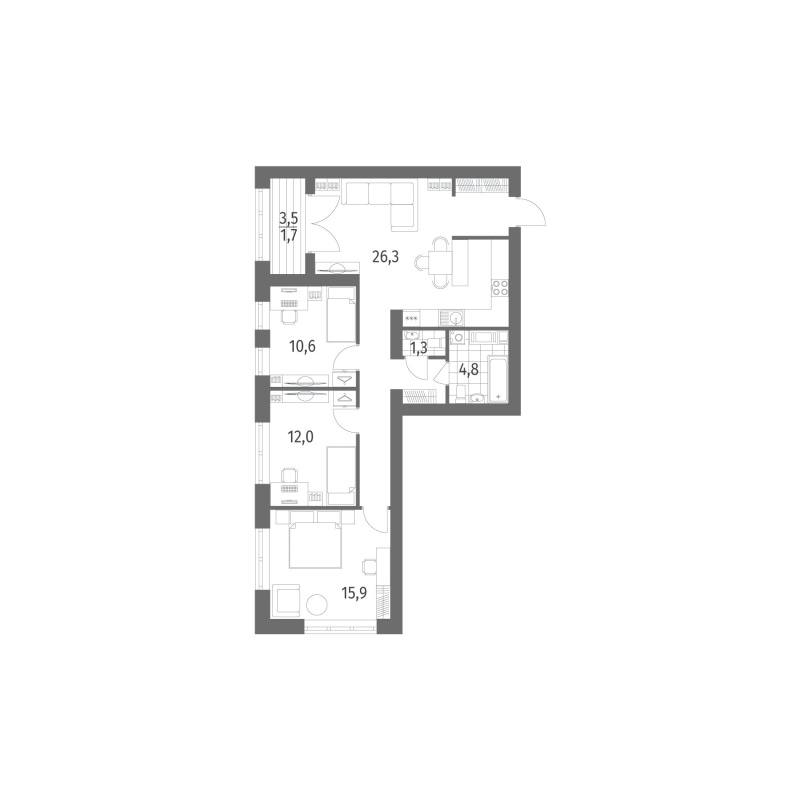 3-комнатная квартира, 86.6 м² в ЖК "Наука" - планировка, фото №1
