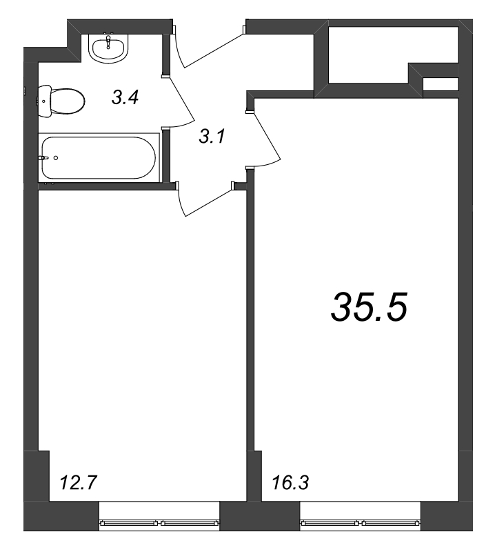 2-комнатная (Евро) квартира, 35.97 м² в ЖК "Zoom на Неве" - планировка, фото №1