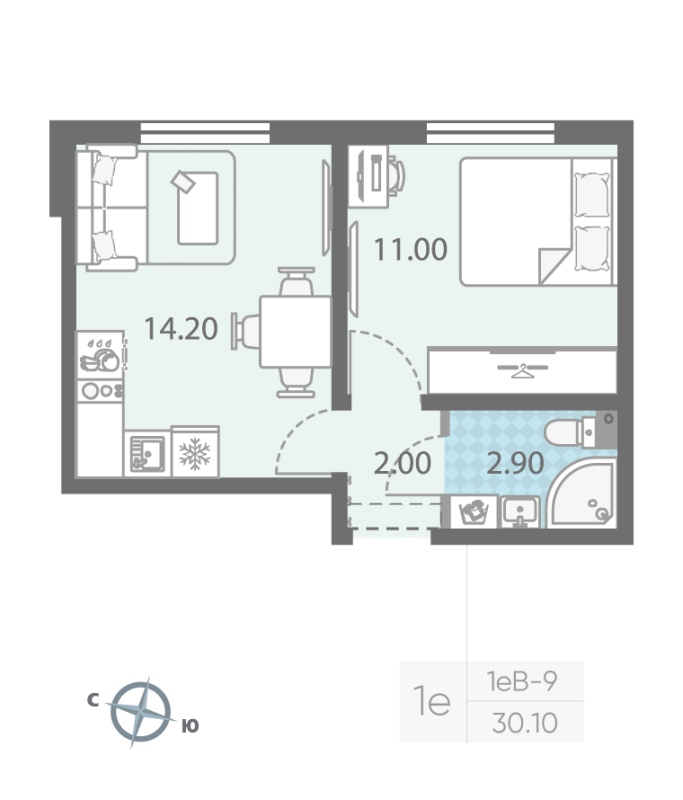 1-комнатная квартира, 30.1 м² - планировка, фото №1