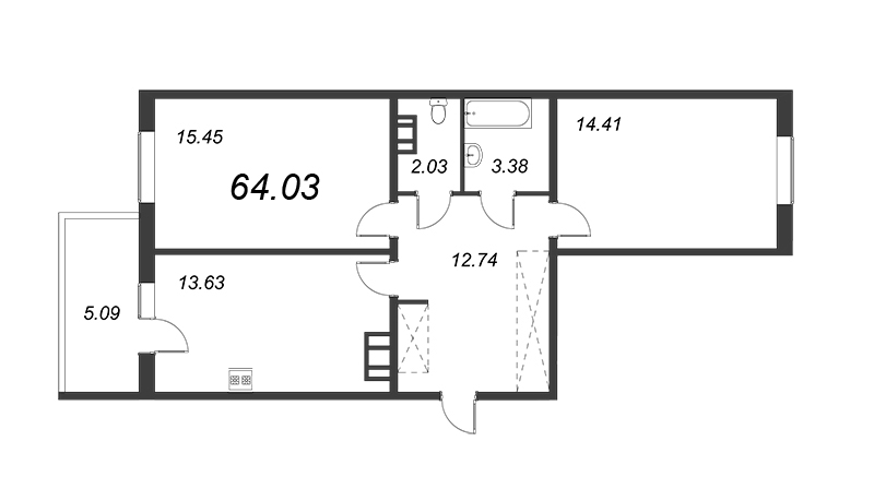 2-комнатная квартира, 61.48 м² - планировка, фото №1