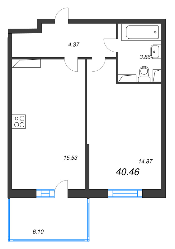 2-комнатная (Евро) квартира, 40.46 м² в ЖК "Аквилон Stories" - планировка, фото №1