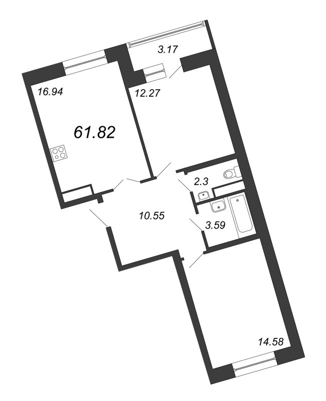 3-комнатная (Евро) квартира, 61.82 м² - планировка, фото №1