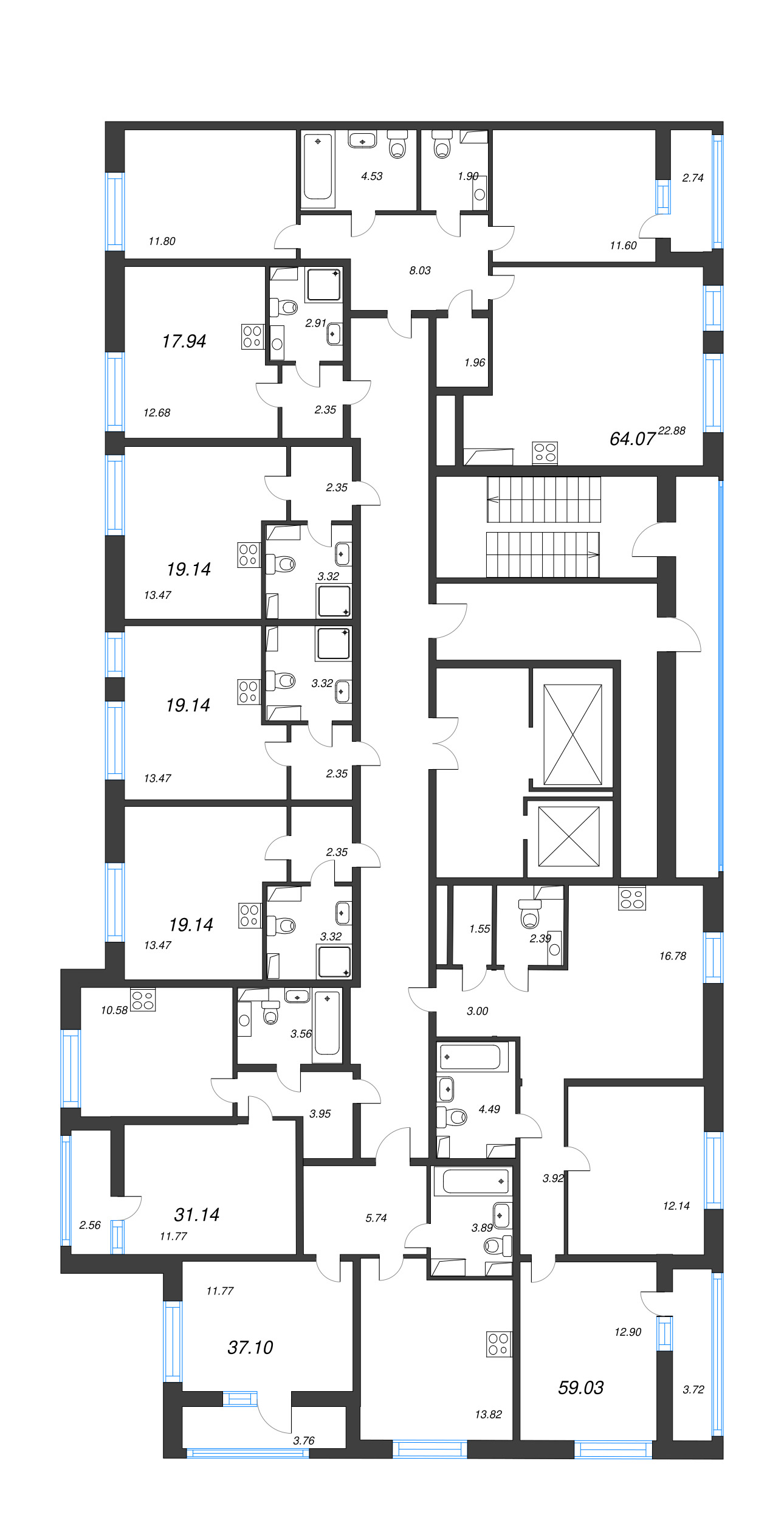 2-комнатная (Евро) квартира, 37.1 м² в ЖК "Cube" - планировка этажа