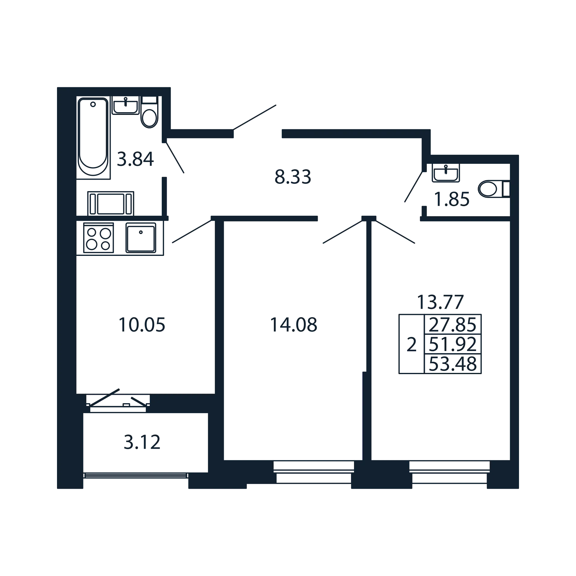 2-комнатная квартира, 51.92 м² в ЖК "Полис Новоселье" - планировка, фото №1