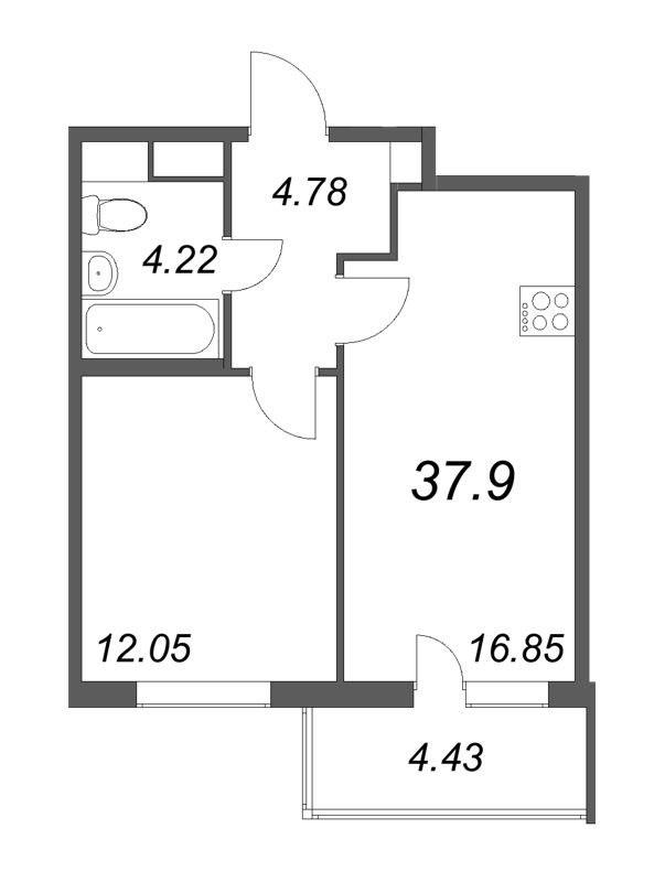 2-комнатная (Евро) квартира, 37.9 м² в ЖК "Ясно.Янино" - планировка, фото №1