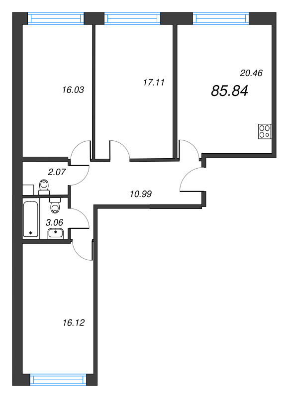 4-комнатная (Евро) квартира, 85.84 м² в ЖК "OKLA" - планировка, фото №1