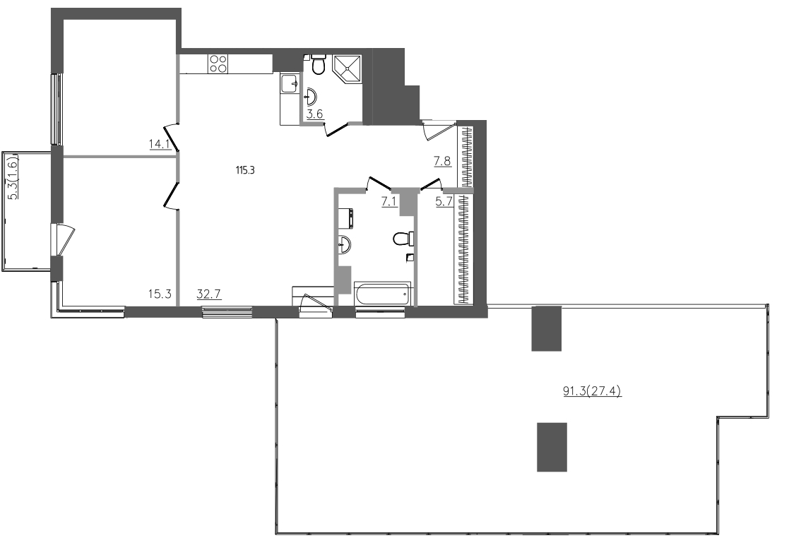 3-комнатная (Евро) квартира, 115.1 м² в ЖК "Upoint" - планировка, фото №1