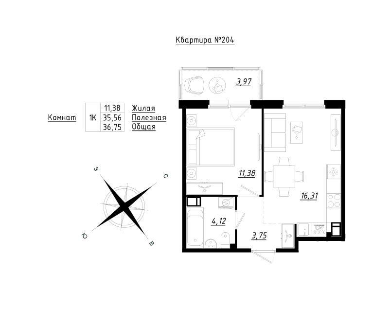 2-комнатная (Евро) квартира, 36.75 м² в ЖК "Счастье 2.0" - планировка, фото №1