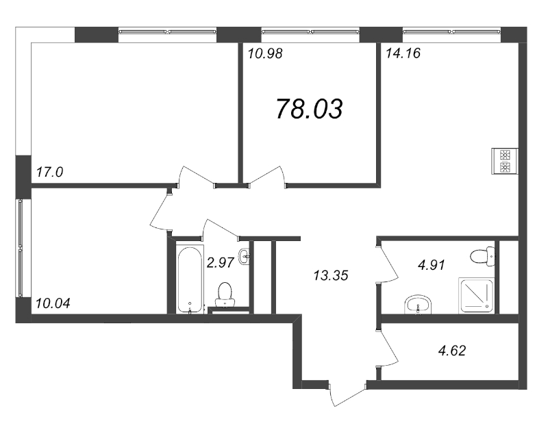 3-комнатная квартира, 78.03 м² в ЖК "GloraX Premium Василеостровский" - планировка, фото №1
