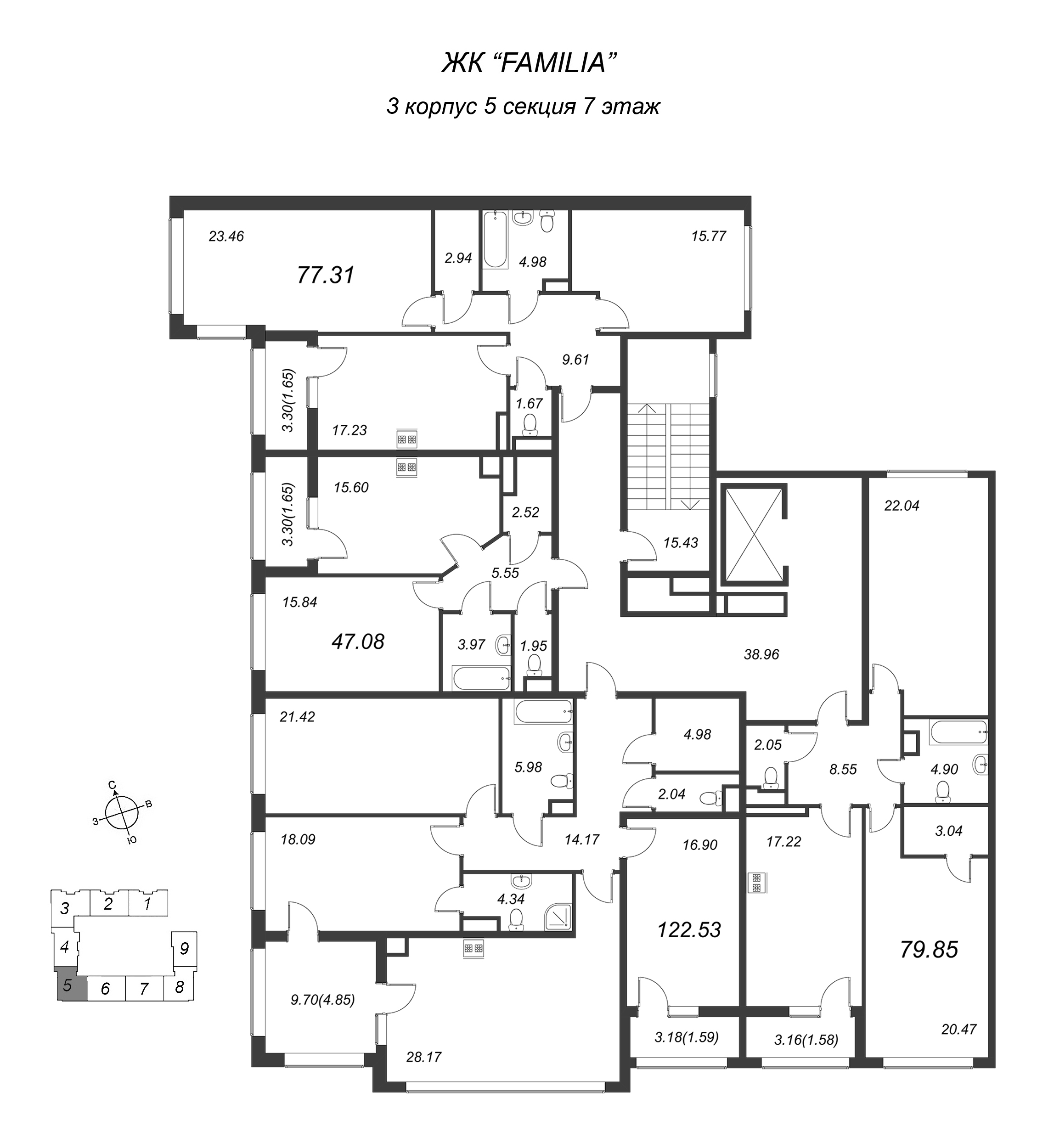 3-комнатная (Евро) квартира, 79.8 м² в ЖК "FAMILIA" - планировка этажа