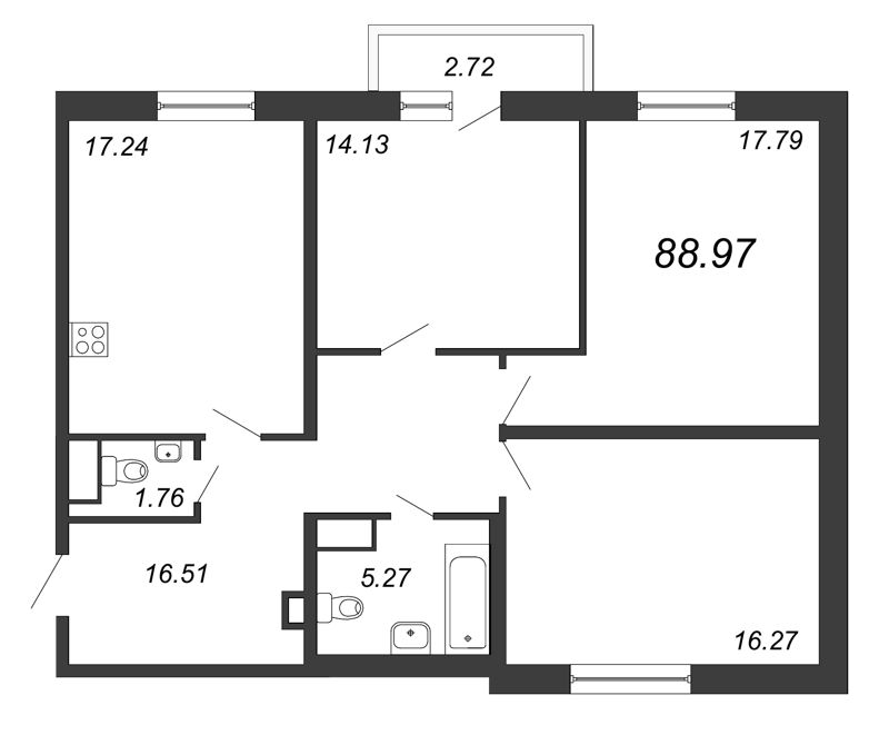 3-комнатная квартира, 88.97 м² в ЖК "Приморский квартал" - планировка, фото №1