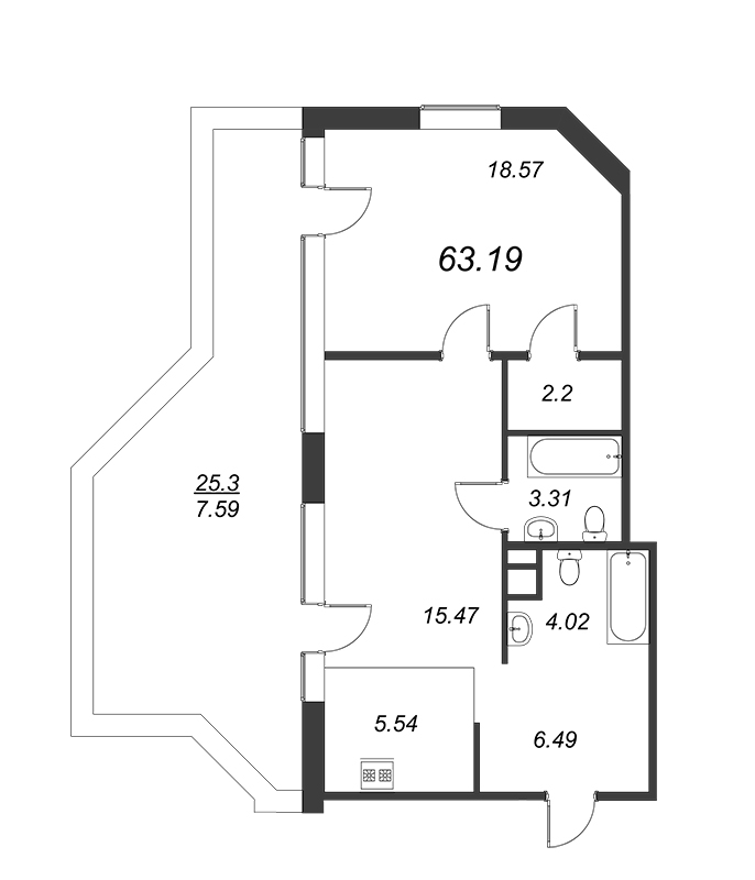 3-комнатная (Евро) квартира, 63.19 м² в ЖК "Akzent" - планировка, фото №1