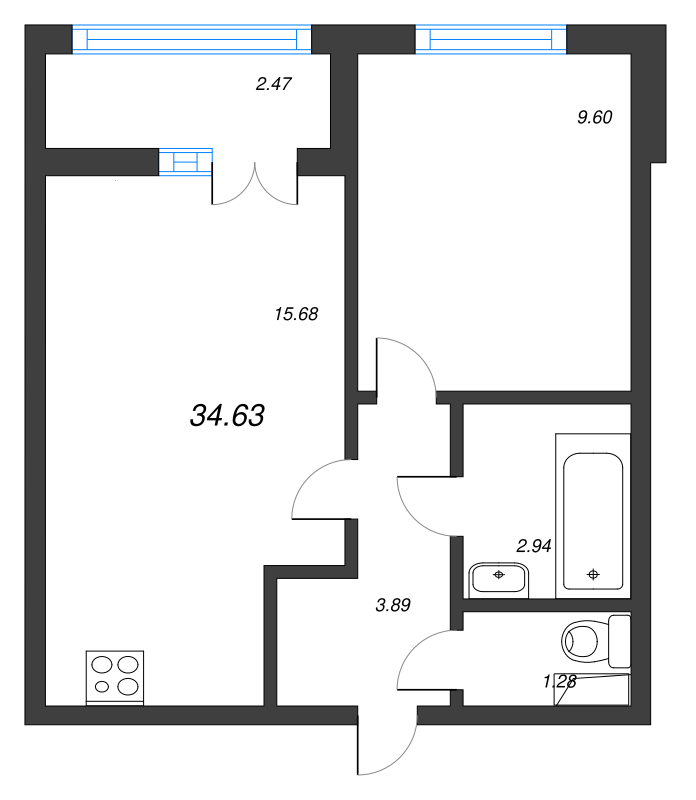 2-комнатная (Евро) квартира, 34.63 м² в ЖК "AEROCITY" - планировка, фото №1