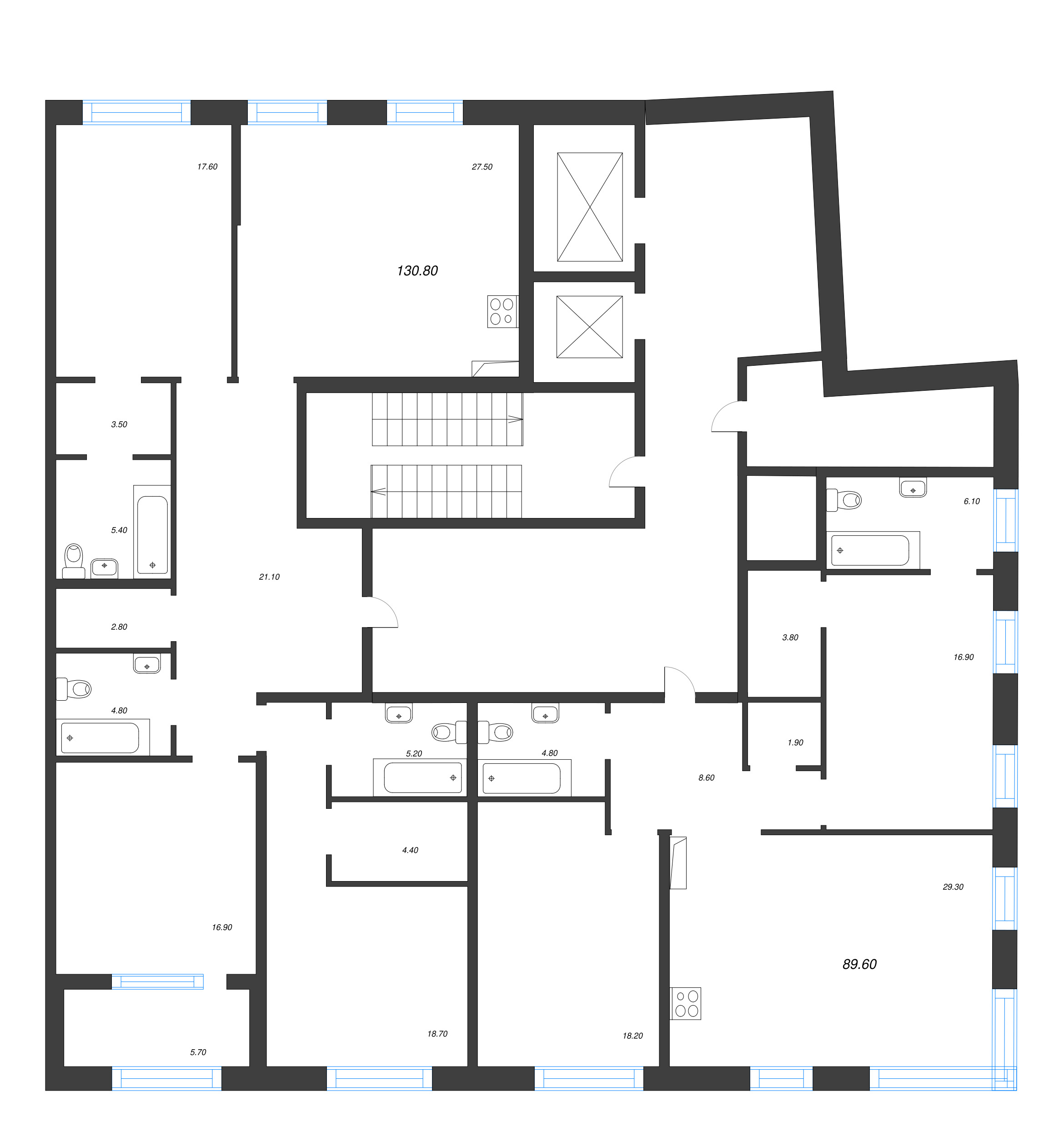 3-комнатная (Евро) квартира, 89.6 м² в ЖК "ЛДМ" - планировка этажа