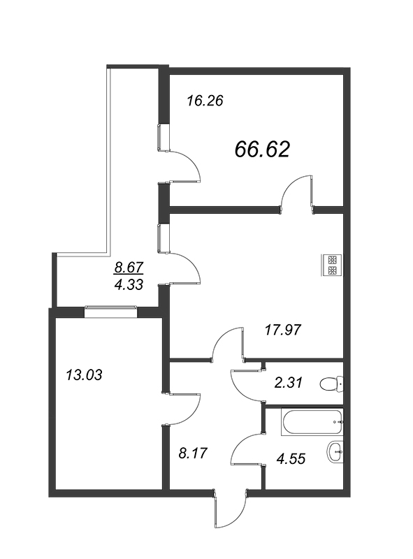 2-комнатная квартира, 62.29 м² - планировка, фото №1