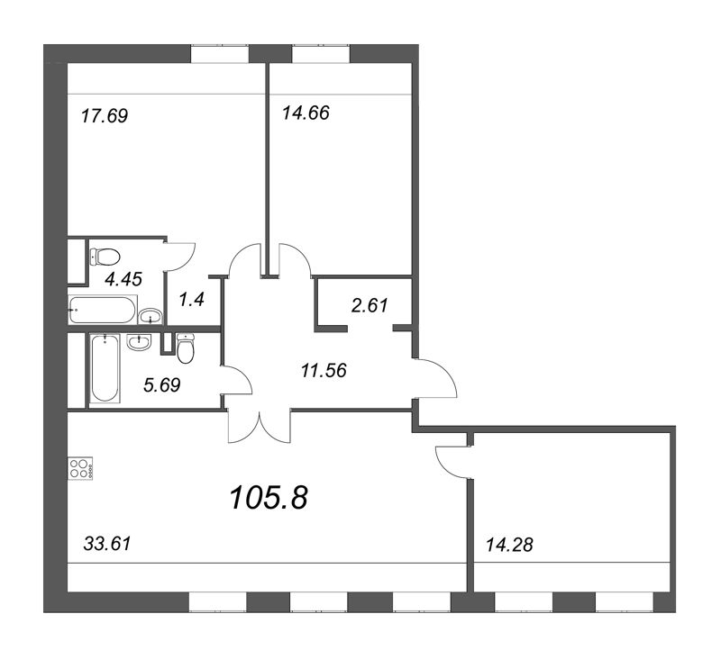 4-комнатная (Евро) квартира, 117.6 м² в ЖК "Мадонна Бенуа" - планировка, фото №1