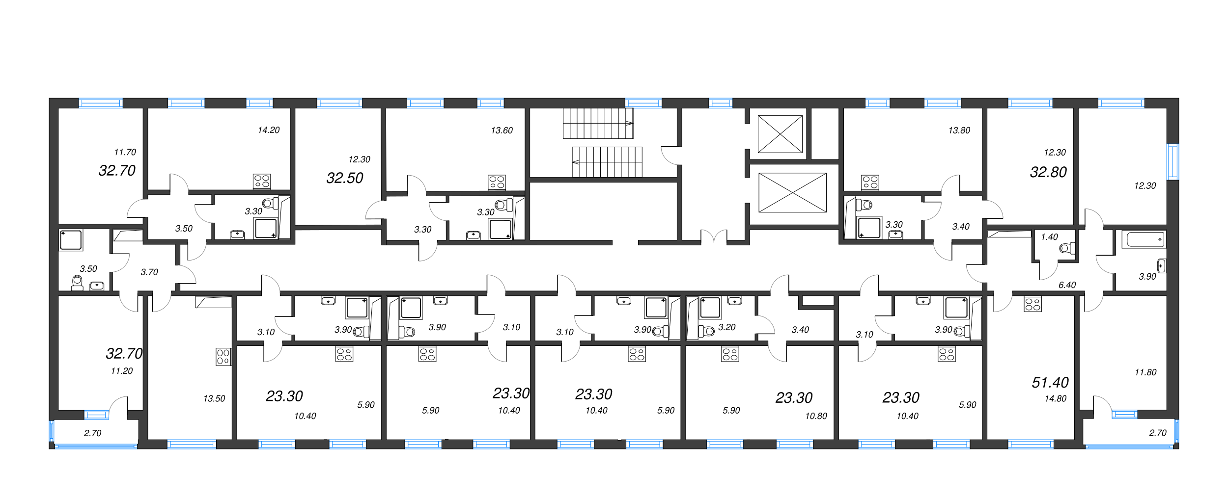 2-комнатная квартира, 51.4 м² в ЖК "ЛСР. Ржевский парк" - планировка этажа