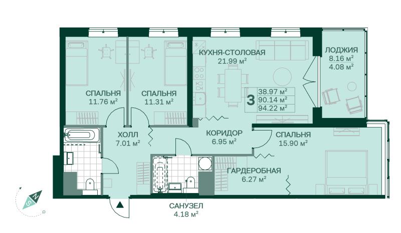4-комнатная (Евро) квартира, 94.22 м² в ЖК "Magnifika Residence" - планировка, фото №1