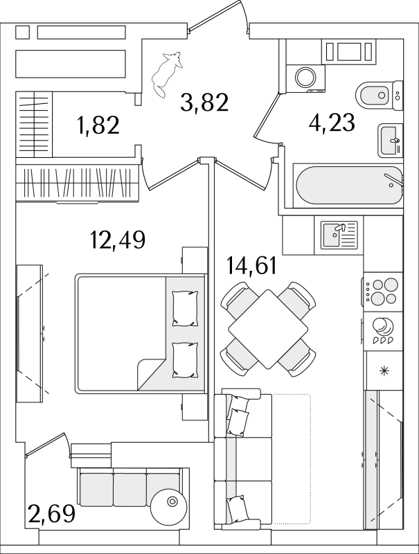 2-комнатная (Евро) квартира, 38.32 м² в ЖК "Лайнеръ" - планировка, фото №1
