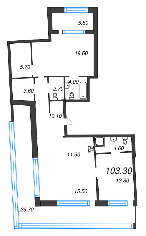 3-комнатная (Евро) квартира, 103.3 м² в ЖК "ЛДМ" - планировка, фото №1