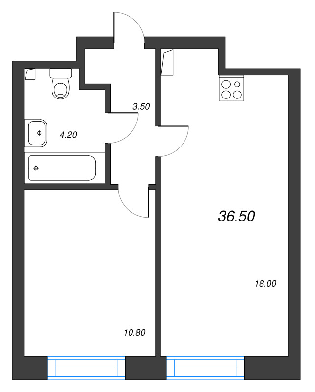 2-комнатная (Евро) квартира, 36.5 м² в ЖК "Большая Охта" - планировка, фото №1