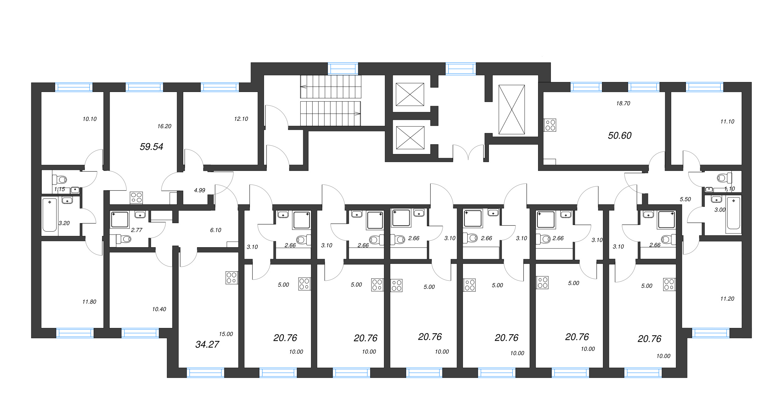 4-комнатная (Евро) квартира, 59.54 м² в ЖК "Ручьи" - планировка этажа