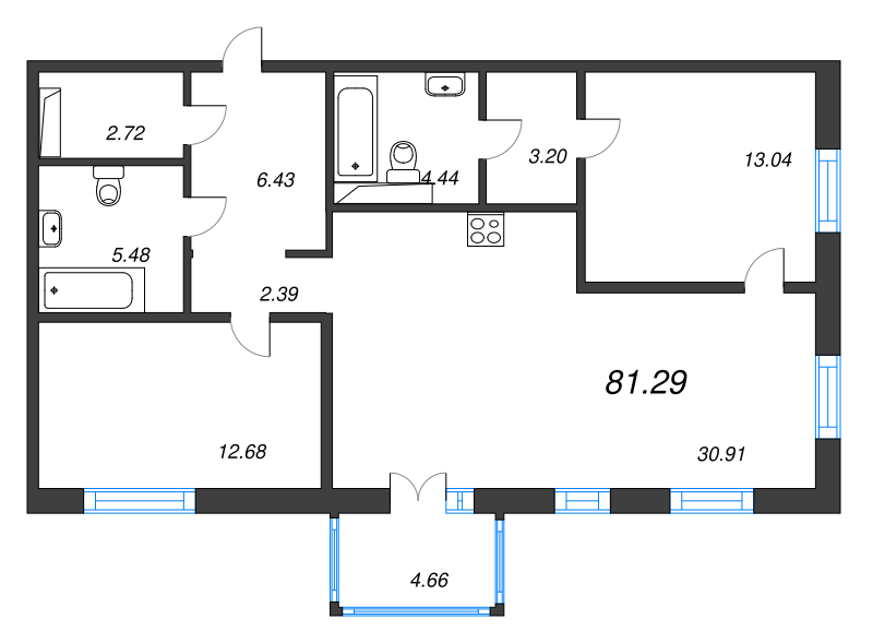 3-комнатная (Евро) квартира, 81.29 м² в ЖК "Черная речка, 41" - планировка, фото №1