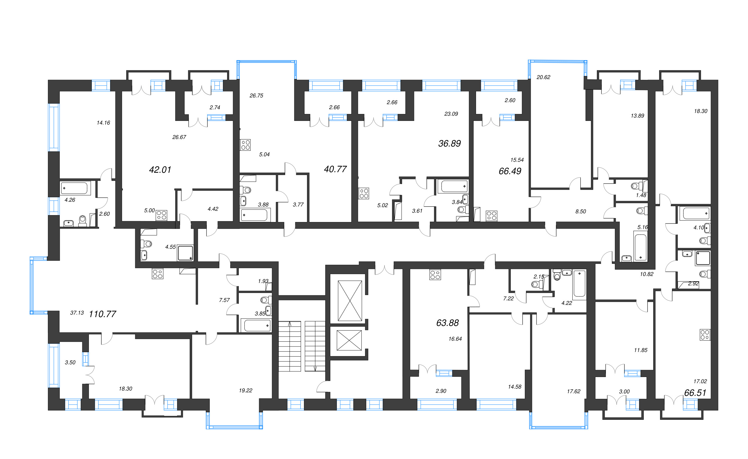 1-комнатная квартира, 42.01 м² в ЖК "Наука" - планировка этажа