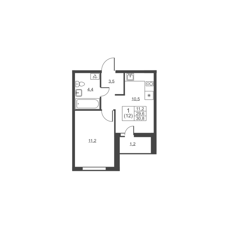 1-комнатная квартира, 30.8 м² в ЖК "Ермак" - планировка, фото №1