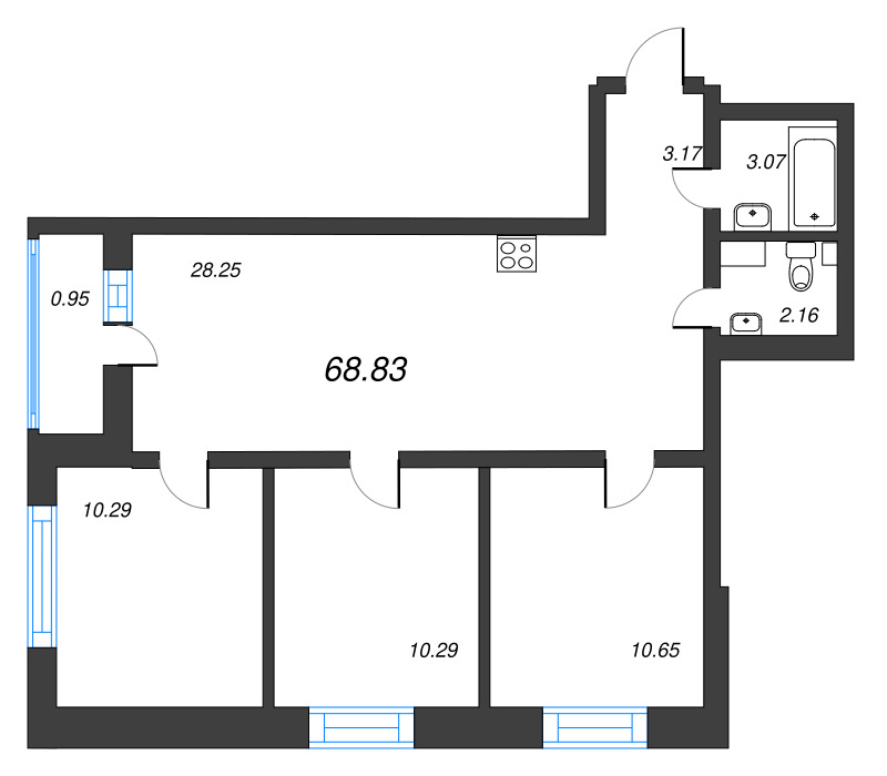 4-комнатная (Евро) квартира, 68.83 м² в ЖК "Эко Квартал Гармония" - планировка, фото №1