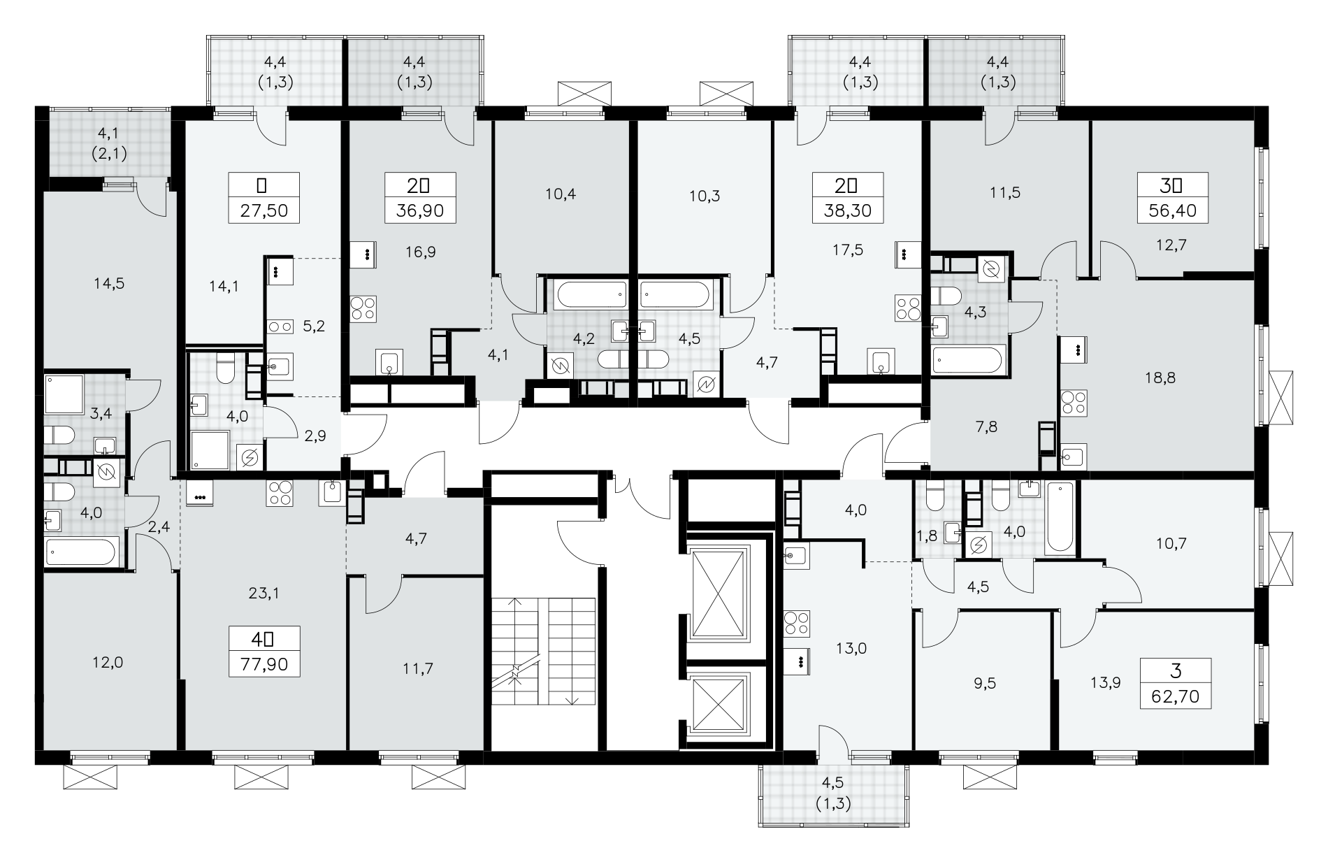 3-комнатная квартира, 62.7 м² - планировка этажа