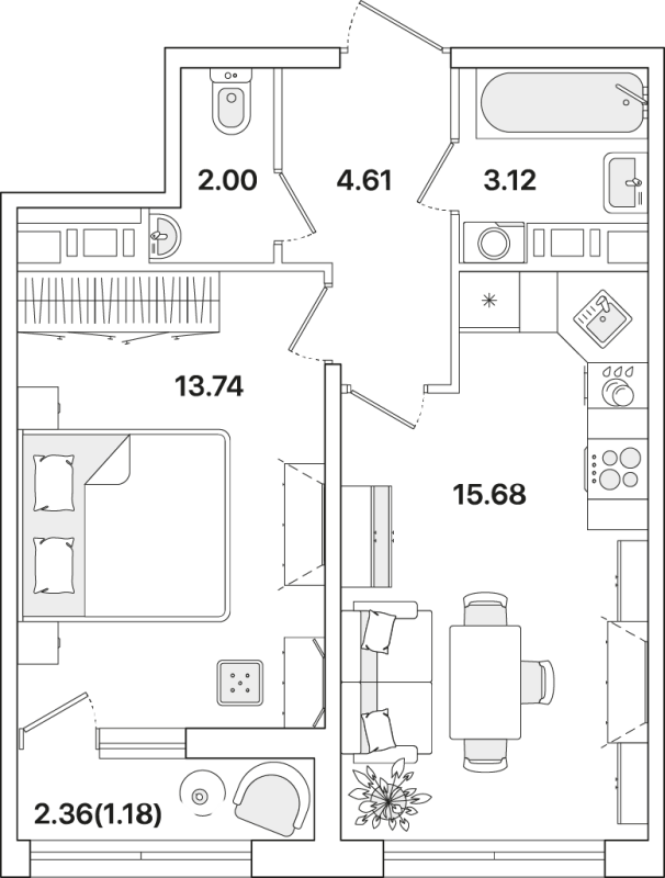 2-комнатная (Евро) квартира, 40.33 м² в ЖК "Академик" - планировка, фото №1