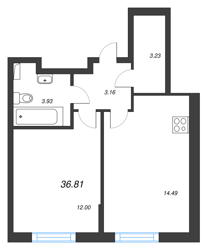 2-комнатная (Евро) квартира, 36.81 м² в ЖК "Кинопарк" - планировка, фото №1