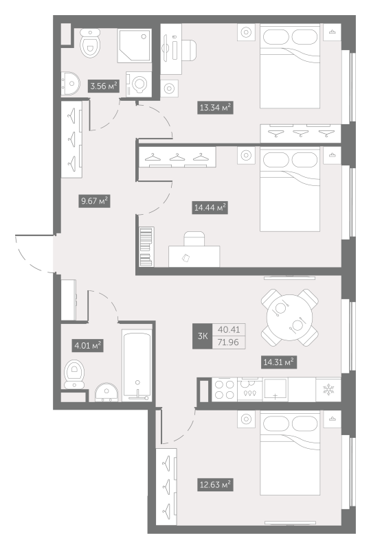 3-комнатная квартира, 71.96 м² в ЖК "Zoom на Неве" - планировка, фото №1