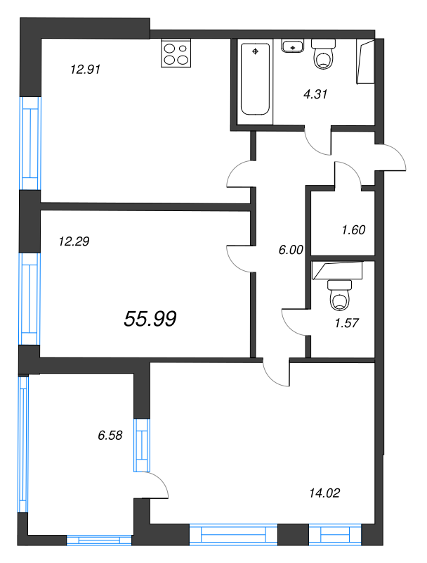 3-комнатная (Евро) квартира, 55.99 м² в ЖК "Cube" - планировка, фото №1