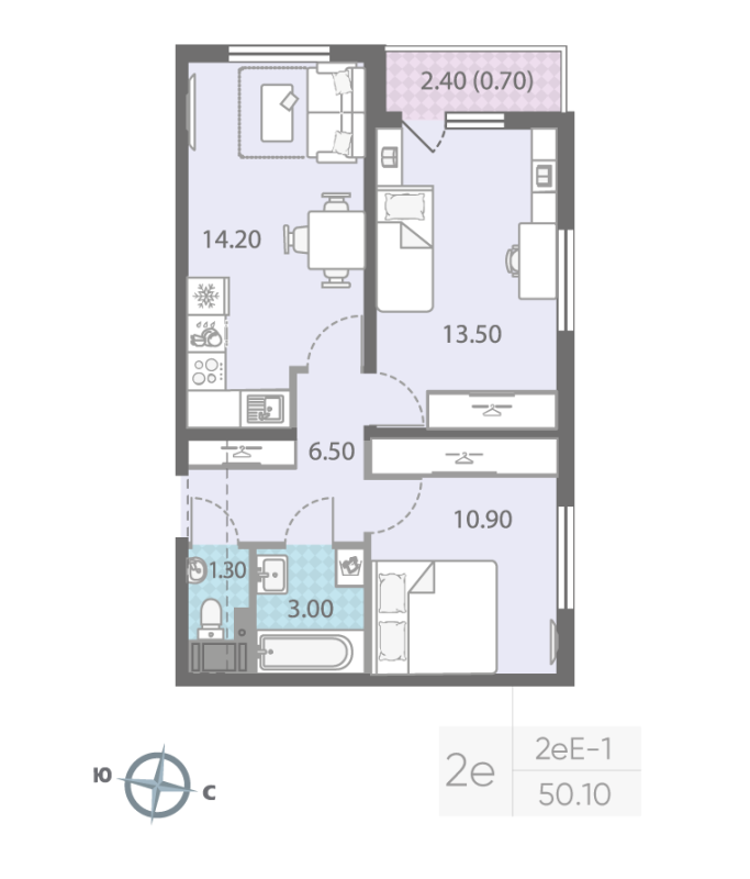 2-комнатная квартира, 50.1 м² - планировка, фото №1