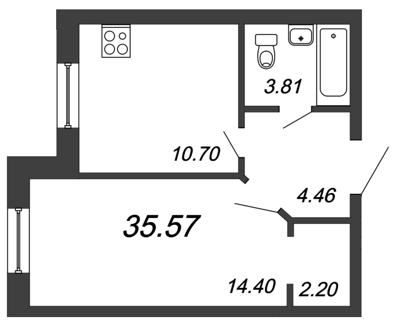 1-комнатная квартира, 35.57 м² в ЖК "Приневский" - планировка, фото №1